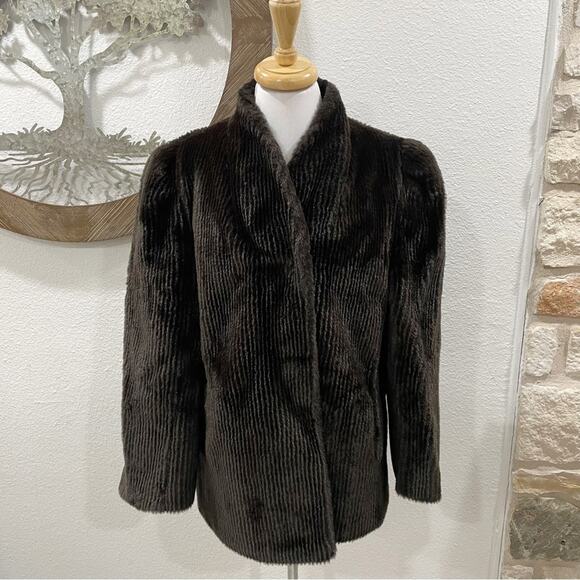 Vintage Jacques Saint Laurent for Genelle Ribbed Faux Fur Coat Dark Brown - Picture 1 of 7
